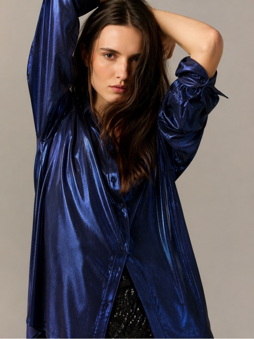 NWT Anthro Gillian Liquid Shine Blouse XS Metallic Blue Button Down Top